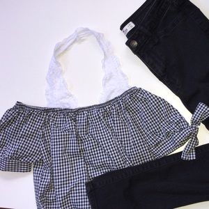 off the shoulder black and white gingham crop top